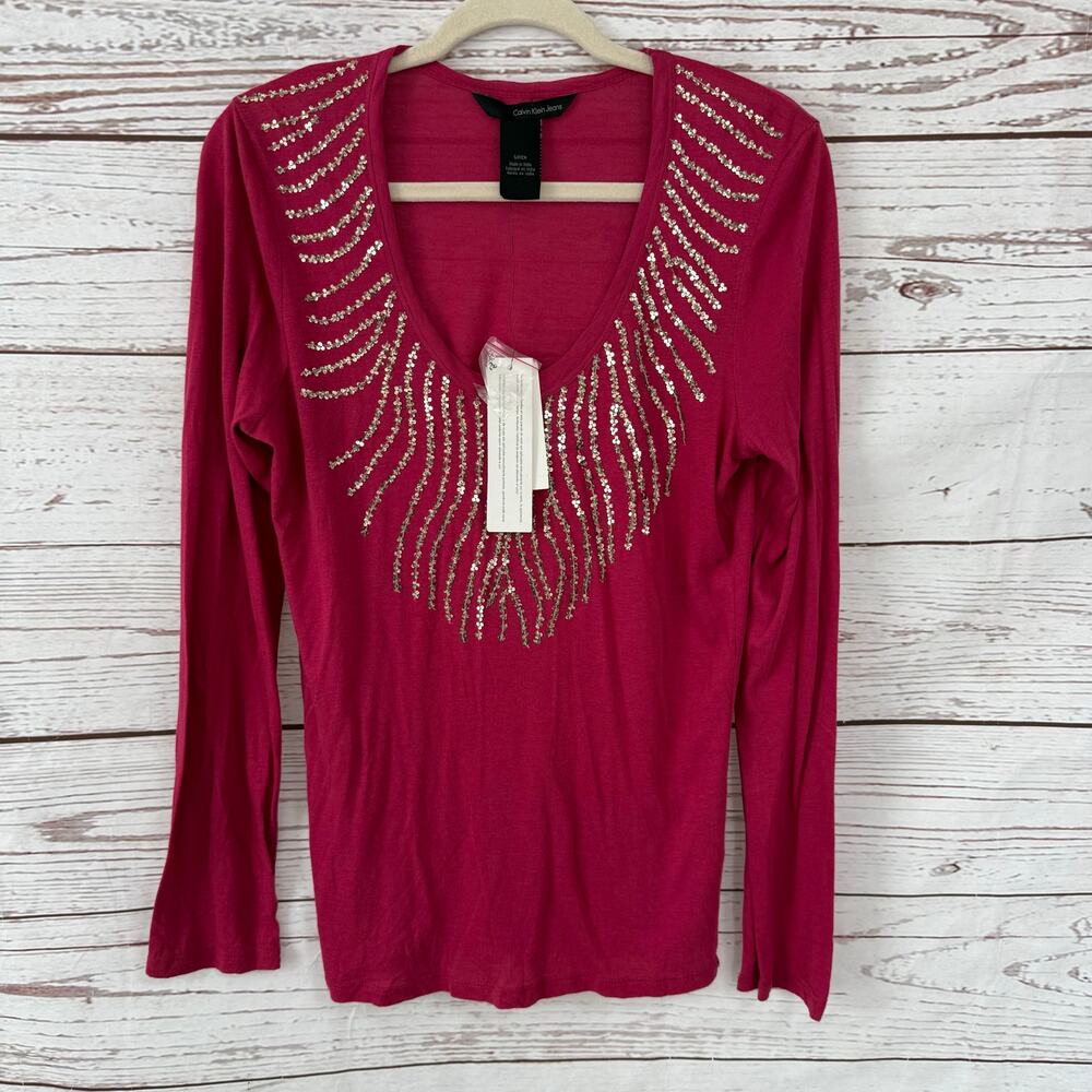 Calvin Klein Jeans New Pink Sangria Sequin Long Sleeve Top Size Small